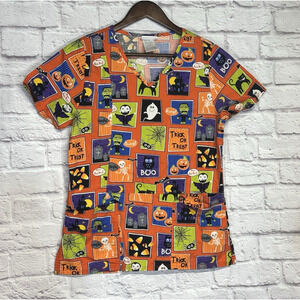 Scrubstar Women's Halloween Theme Scrub Top‎ Size XS Cotton Short Sleeve Orange